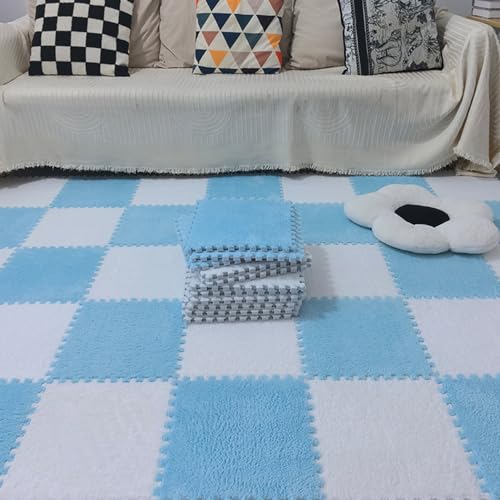 12x12 Zoll Teppich-Puzzlematten Für Den Boden, Ineinandergreifende Bodenmatte Aus Plüschschaum, 60-teilige Flauschige Quadratische Spielmatte, Puzzle-Fliesen-Teppich(Size:0.39 inch,Color:Blau+Weiß) von Amacthysh
