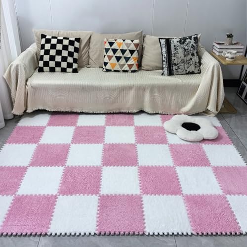12x12 Zoll Teppich-Puzzlematten Für Den Boden, Ineinandergreifende Bodenmatte Aus Plüschschaum, 60-teilige Flauschige Quadratische Spielmatte, Puzzle-Fliesen-Teppich(Size:0.39 inch,Color:Rosa+Weiß) von Amacthysh