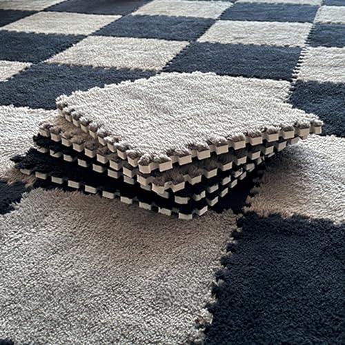 150 Stück Flauschiger Plüschteppich, Puzzle-Schaumstoff-Bodenmatte Mit Rand, Quadratische Ineinander Greifende Teppichfliesen Mit Polsterung, Spielmatte Fürs W(Size:0.23 inch,Color:Schwarz+Grau) von Amacthysh