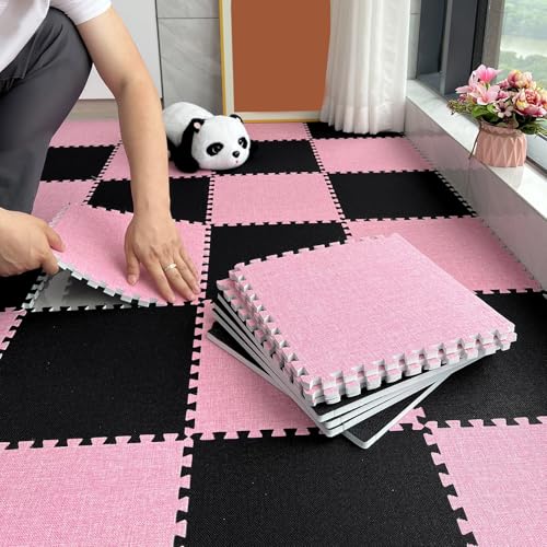 20 Stück Ineinander Greifende Teppichfliesen 24x24 Zoll Puzzle-Spielmatten Für Den Boden Große Puzzle-Schaumstoff-Bodenmatte 12x12 Zoll(Size:30x30x0.6cm,Color:Rosa +Schwarz) von Amacthysh