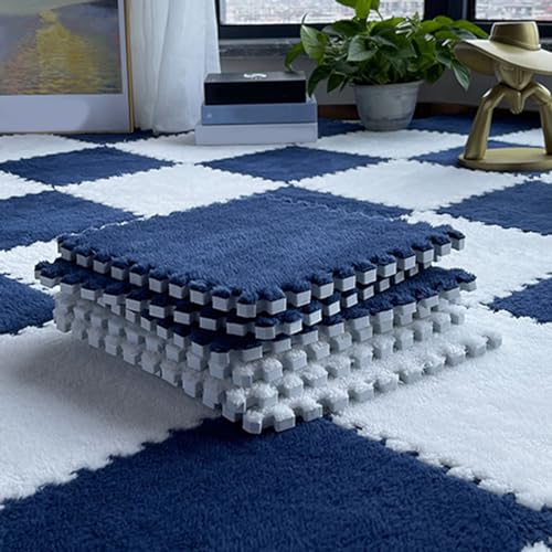 200 Stück Flauschige Puzzle-Spielmatten Für Den Boden, Ineinandergreifende Schaumstoff-Bodenmatte, Ineinandergreifende Plüsch-Schaumstofffliesen, Weicher Qua(Size:0.39 inch,Color:Weiß+Marineblau Blau) von Amacthysh