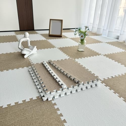 24 Stück Bunte Schaumstoff-Puzzle-Bodenmatten, Ineinandergreifende Teppichfliesen, Schaumstoffmatten, Leinen-Spielmatte, 0,6 Und 1,0 cm Dick(Size:12x12x0.39inch,Color:Khaki+White) von Amacthysh