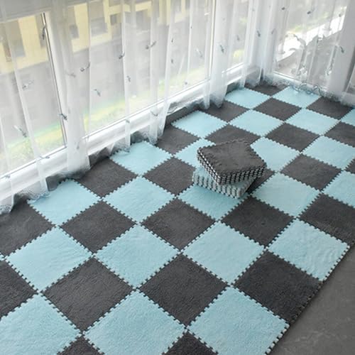 48-teiliges Puzzle-Teppichquadrat, Ineinander Greifende Schaumstoffmatten, Schützende Bodenfliesen, Flauschige Bodenteppiche Für Spielzimmer, Wohnzimmer, Schlafzi(Size:0.39 inch,Color:Blau+Grau) von Amacthysh