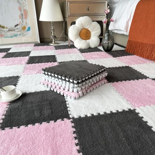 Ineinander Greifende Plüsch-Bodenmatte, Flauschige Quadratische Teppichfliesen, Weicher, Rutschfester Puzzle-Teppich, Spielmatte Für Zimmerboden, 30 Stück(Size:0.23 inch,Color:Rosa+Weiß+Grau) von Amacthysh