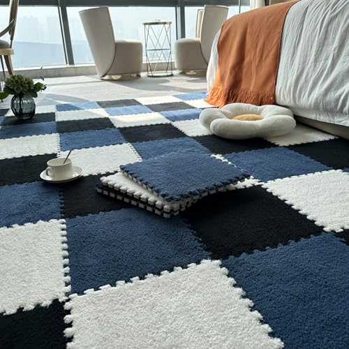 Ineinander Greifende Quadratische Teppiche, Plüsch-Bodenmatte Mit Kanten, 80-teilige Puzzle-Schaumstoff-Teppich-Spielmatte, 12 X 12 Zoll Schaumstoff-Bode(Size:0.23 inch,Color:Schwarz+Weiß+Marineblau) von Amacthysh
