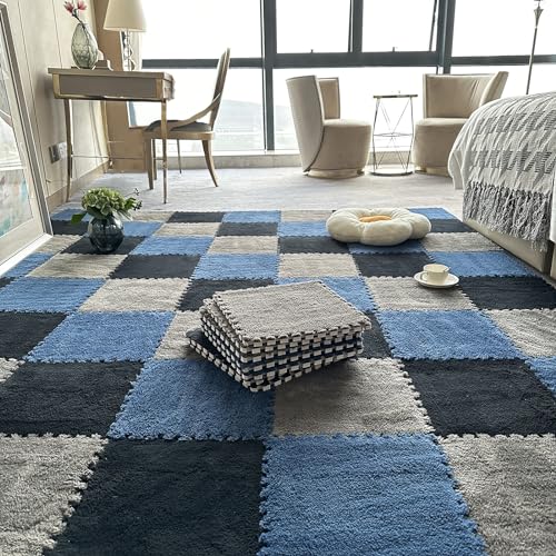 Ineinander Greifende Quadratische Teppiche, Plüsch-Bodenmatte Mit Kanten, 80-teilige Puzzle-Schaumstoff-Teppich-Spielmatte, 12 X 12 Zoll Schaumstoff-Bode(Size:0.39 inch,Color:Gray+Black+Navy Blue) von Amacthysh