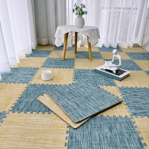 Ineinandergreifende Bodenfliesen, 30x30 cm Quadratischer Teppich, 40-teilige Puzzleteil-Bodenmatte, Puzzlematte Für Spielzimmer, Wohnzimmer(Size:0.39 Inch,Color:Blau+Gelb) von Amacthysh