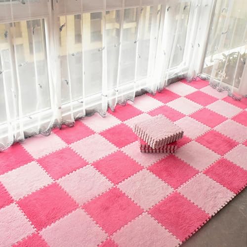 Puzzle-Bodenmatte Aus Schaumstoff, Weiche, Flauschige, Ineinandergreifende Quadratische Schaumstofffliesen, Teppiche Für Die Dekoration Von Wohnzimmer, 16 Stück(Size:0.23 inch,Color:Rosenrot+Rosa) von Amacthysh