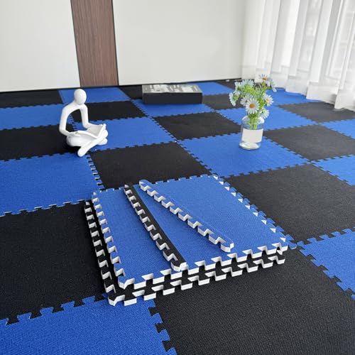 Puzzle-Übungs-Spielmatte Mit Ineinander Greifenden Eva-Schaumstofffliesen, Quadrate, Teppichfliesen Für Fitnessstudio, Spielzimmer, Schlafzimmer, 80 Stüc(Size:0.39inch thick,Color:Marineblau+Schwarz) von Amacthysh