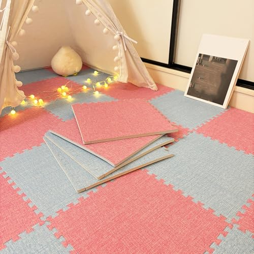 Spielmatte Aus Leinen, Ineinandergreifender Teppich, Quadratisch, Schaumstoff-Bodenpolsterung, 60-teiliges Puzzle-Bodenmatte, 30x 30 cm, 0,6 cm Und 1 cm Dick(Size:0.23 Inch,Color:Rosa+Blau) von Amacthysh