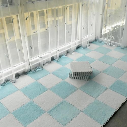 Weiche Zottelige Fläche Teppich Playmat, Schaumstoff Ineinandergreifende Bodenteppichmatte, 30 Stück Flauschig Quadratische Plüsch -Puzzle -Schaum -Teppichfliesen(Size:0.23 inch,Color:Blue+White) von Amacthysh