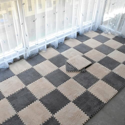Weiche Zottelige Fläche Teppich Playmat, Schaumstoff Ineinandergreifende Bodenteppichmatte, 30 Stück Flauschig Quadratische Plüsch -Puzzle -Schaum -Teppichfliesen, (Size:0.23 inch,Color:Aprikose+Grau) von Amacthysh