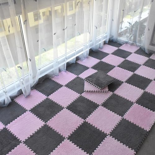 Weiche Zottelige Fläche Teppich Playmat, Schaumstoff Ineinandergreifende Bodenteppichmatte, 30 Stück Flauschig Quadratische Plüsch -Puzzle -Schaum -Teppichfliesen, (Size:0.23 inch,Color:Rosa+Grau) von Amacthysh