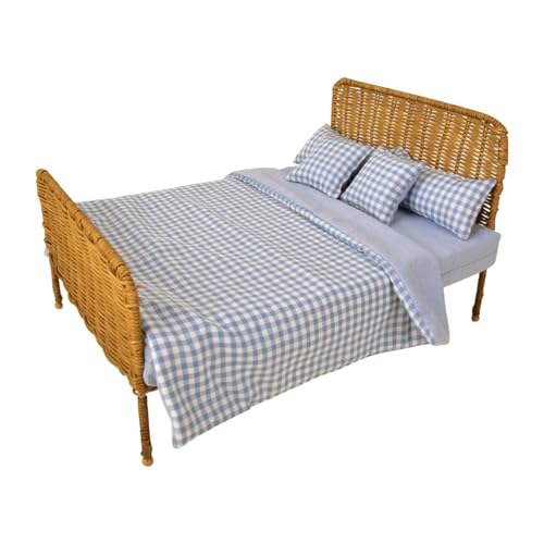 Amagogo 1:6 Bett mit Matratze, Einzelbett, Rattanbett, Bettmodell für Geschenk, Landschaftsdekoration, DIY-Modell, Schaufenster, Lebensszenen-Layout, Blau Kariert von Amagogo