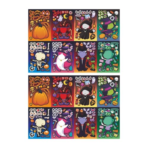 Amagogo 16 Stück Halloween-Aufkleber, Mix-and-Match-Aufkleber, Scrapbooking, Puzzlespiel, Make-A-Grinse-Aufkleber, Aufkleberbögen für Kinder von Amagogo