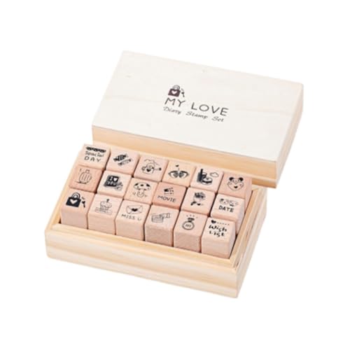 Amagogo 18-teiliges Mini-Stempel-Set aus Holz und Gummi mit Aufbewahrungsbox, handgefertigtes Tagebuch-Stempel-Set, Holzstempel für Happy Planner, von Amagogo