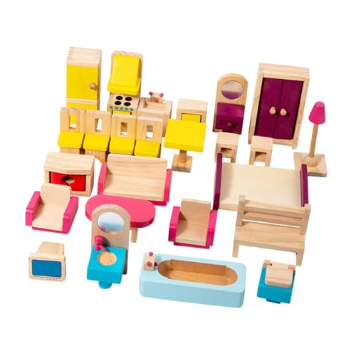 Amagogo 26pcs Holzpuppenhaus Miniaturmöbel Set Kinder Spielzeuglebenszene Requisiten Rollenspiele Hobbyhandwerk für Kinder 3+ von Amagogo