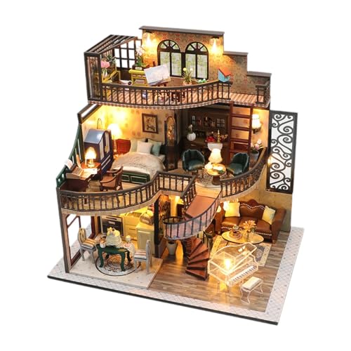 Amagogo DIY-Miniatur-Puppenhaus-Set, Mini-Hausbau-Set, dekorativ, mit Möbeln und LED für Geschenke für Mädchen und Erwachsene von Amagogo