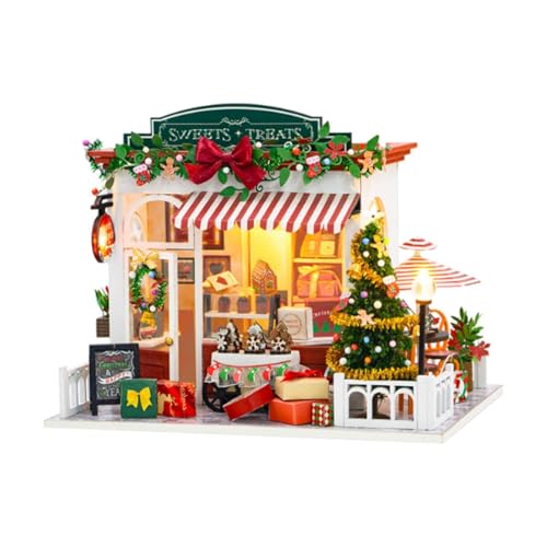 Amagogo DIY Weihnachtspuppenhaus, Miniatur-Gartenhaus-Bausatz, kleines Haus-Bausatz, 3D-Holzpuzzle, eingebautes Licht für Geschenke, Hobby, Urlaub von Amagogo