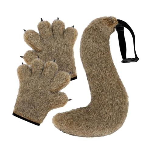 Amagogo Halloween Wolfspfoten-Handschuhe und Schwanz-Set Requisiten, Kostüm-Set für Feiertage Bar, Hellbraun von Amagogo