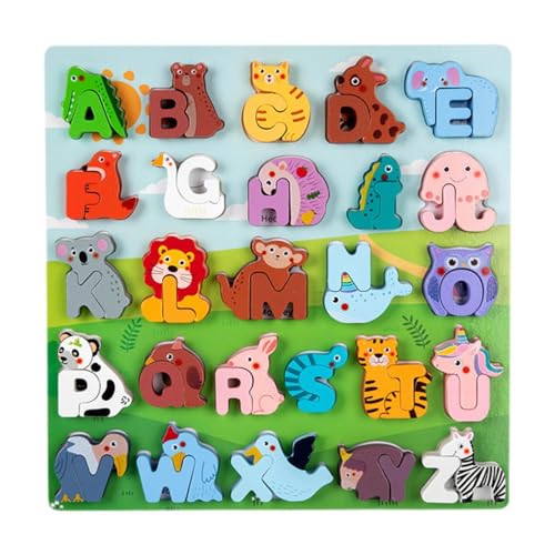 Amagogo Holz-Alphabet-Puzzle, Alphabet-Lernspielzeug, Formpaarung, pädagogisches Montessori-Sortierblockbrett für Auto, Zug, Zuhause von Amagogo