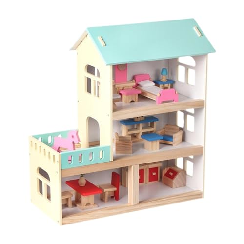 Amagogo Holzpuppenhaus für Kinder, Rollenspiel-Spielzeug, 3 Ebenen, Lernspielzeug, Holzhaus-Spielzeug, Spielset für Kinder im Alter von 3–7 Jahren von Amagogo