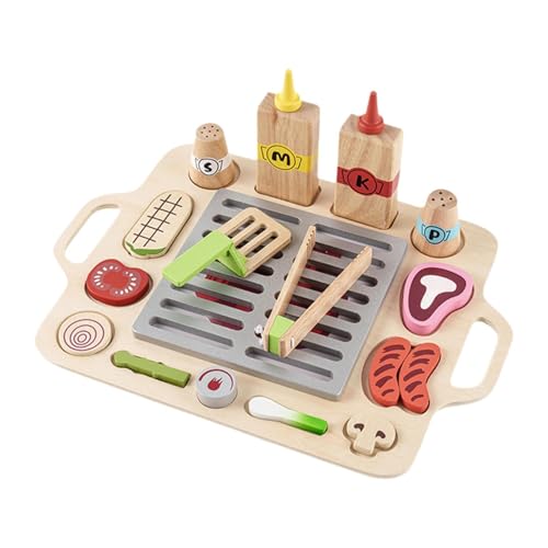 Amagogo Holzspielzeug-Grillset, Spielküchenzubehör, Frühlern-Rollenspiel und Grillwerkzeuge, Kochspielset für Kleinkinder von Amagogo