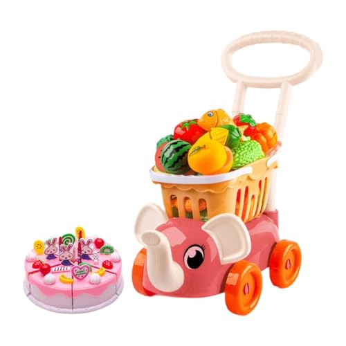 Amagogo Kinder-Einkaufswagen, Trolley, Schneidespielzeug, Spiel-Lebensmittel, mit Schneide-Spiel-Lebensmittel-Set für Jungen und Mädchen, Rose Rot von Amagogo