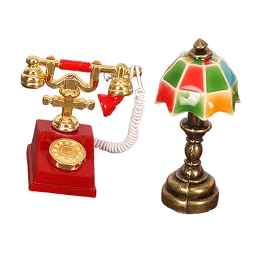 Amagogo Puppenhaus Miniatur Lampe und Wählscheibentelefon Set Mini Schreibtisch Lampe Wählscheibentelefon Dekoration, Mehrfarbig von Amagogo