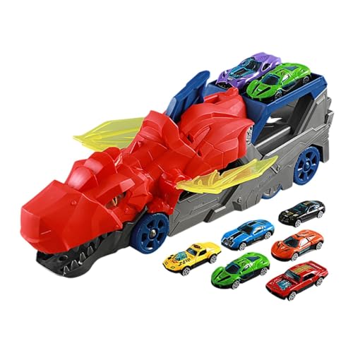 Amagogo Spielzeugauto-Schienenset, Dinosaurier-Transport-LKW, Spielzeug für Kleinkinder, Autospielzeug, Dinosaurier-Starttransporter für Jungen und Mädchen, Rot mit 6 Autos von Amagogo