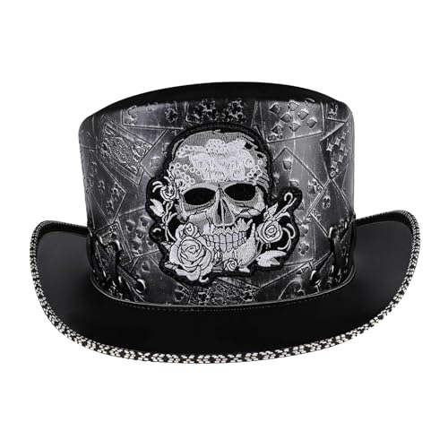 Amagogo Zylinderhut für Halloween, Kostümzubehör, Retro-Gentleman-Hut, Gothic-Steampunk-Zylinderhut mit Totenkopf-Print für Karnevalspartys von Amagogo