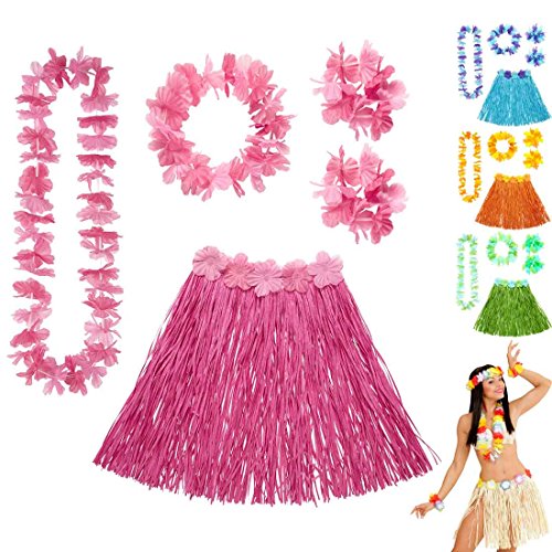 Amakando Bastrock Blumenkette Hawaii Hula Set rosa Hawaikette Baströckchen Limbo Party Outfit Südsee Kostüm Zubehör Strandparty Beachparty von Amakando