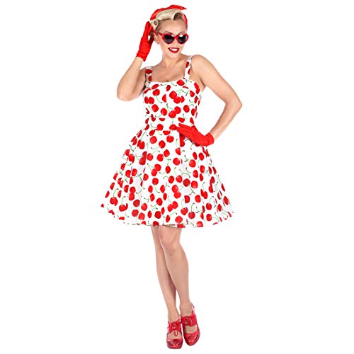 Amakando Fünfziger Rockabella Kostüm mit Kirsch-Motiv/Weiß-Rot in Größe L (42/44) / Retro-Sommerkleid Cherry-Print/Perfekt angezogen zu Fasching & Karneval von Amakando