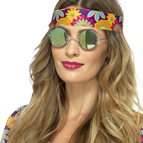 Amakando John Hippiebrille - blau-grün - Runde Flower Power Brille 70er Jahre Retrobrille 60er Jahre Partybrille Schlagermove Funbrille Peace Verspiegelte Hippie Sonnenbrille von Amakando