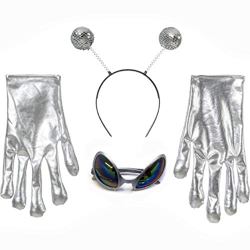 Amakando Originelles Weltraum Kostüm-Set Außerirdischer/Silber/Weltall Verkleidung mit Alien-Brille, Antennen-Haarreif und Handschuhen/Perfekt geeignet zu Mottoparty & Kostümfest von Amakando