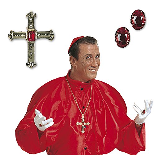 Amakando Priester Schmuck Set Pfarrer Kreuzkette 2 Ringe Pastor Kreuz Kette Fingerringe Fasching Kardinal Bischof Schmuckset Kirche Modeschmuck Religion Mottoparty Accessoire Karneval Kostüm Zubehör von Amakando