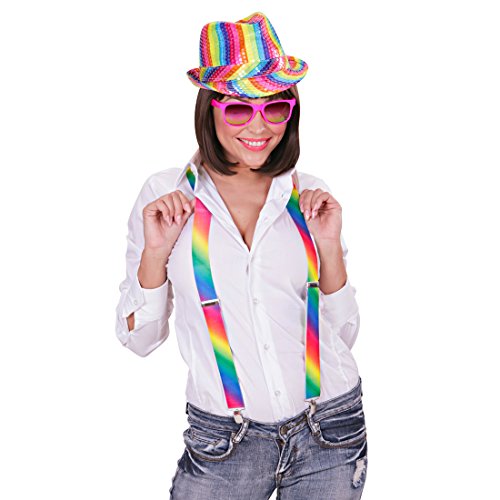 Amakando Regenbogen Hut Party Fedora Bunter Trilby Pailletten Partyhut Schlagerparty Paillettenhut Mottoparty Kopfbedeckung von Amakando