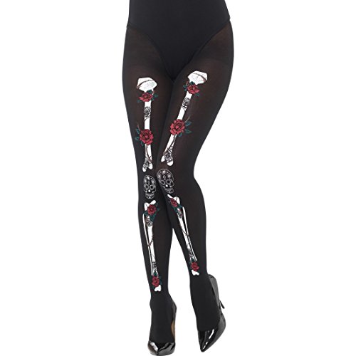 Amakando Skelett Feinstrumpfhose - Blickdicht - Halloween Damenstrumpfhose Tag der Toten Leggings Dia de los Muertos Strümpfe Sugar Skull Halloweenkostüm Accessoire La Catrina Knochen Strumpfhose von Amakando