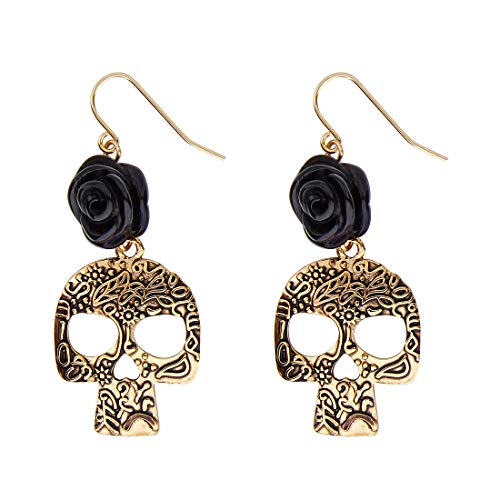 Amakando Sugar Skull Ohrhänger mit Totenschädel/Gold-Schwarz/La Catrina Kostüm-Zubehör mit schwarzen Rosen/EIN Highlight zu Karneval & Horror-Party von Amakando