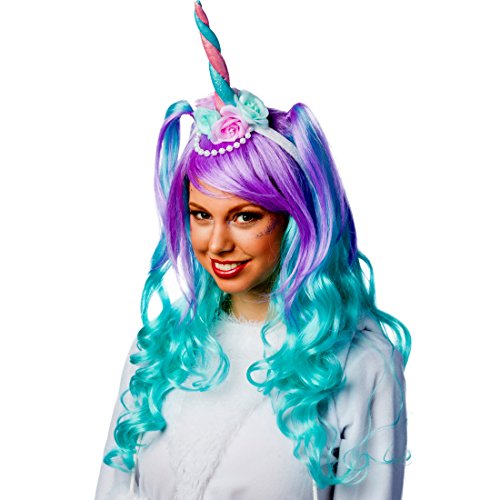 Amakando Unicorn Diadem - mit Blüten u. Horn - Kopfschmuck Fantasy Haarband Fabelwesen Cosplay Haarschmuck Märchen Einhornkostüm Accessoire Einhorn-Haarreif von Amakando