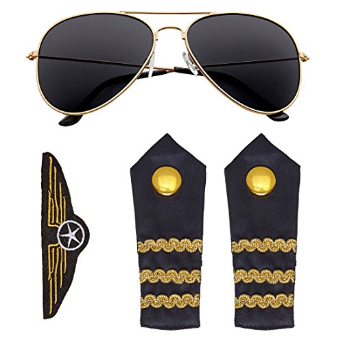 Amakando mit Sonnenbrille, Schulterklappen und Abzeichen Fliegerabzeichen Pilot Fliegerkostüm Accessoire Flugkapitän Rangabzeichen Epauletten Pilotenkostüm Zubehör Piloten Kostüm Set von Amakando