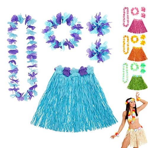 Amakando Bastrock Blumenkette Hawaii Hula Set blau Hawaikette Baströckchen Limbo Party Outfit Südsee Kostüm Zubehör Strandparty Beachparty von Amakando