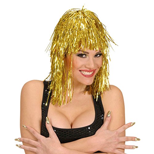 Goldene Lametta Perücke Silvester Lamettaperücke Disco Glitzerperücke gold Cleopatra Metall Glitzernde Damenperücke Fasching Ägypten Damen Karnevalsperücke Kopfschmuck Faschingsperücke Schlager Mottoparty Accessoire Karneval Kostüm Zubehör von Amakando