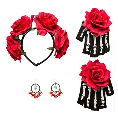 Mexikanerin Accessoire La Catrina Kostüm Set Haarreif, Ohrringe, Handschuhe Schmuck Mexikanisches Totenfest Kostümzubehör Dia de los Muertos Totenkopf Dark Fashion Tag der Toten Halloweenkostüm von Amakando