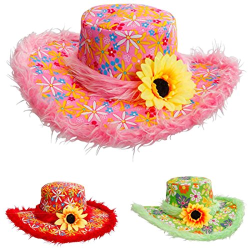 Pinker Hippie Hut Plüsch Blumenhut pink Flower Power Plüschhut mit Sonnenblume 70er Jahre Kopfbedeckung Fasching Schlager Party Faschingshut Partyhut Retro Mottoparty Accessoire Karneval Kostüm von Amakando