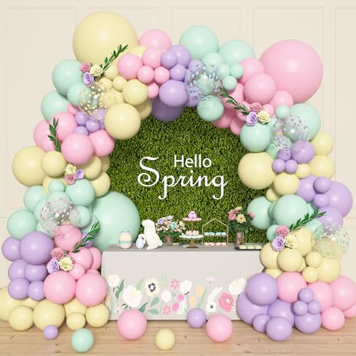 Amandir 153 Stück Pastellballons Girlande Bogen Kit Verschiedene Größen 45,7 cm 30,5 cm 10 12,7 cm Macaron Rosa Gelb Grün Lila Konfetti Osterballons für Hasenjagd Frühling Babyparty Geburtstag Party von Amandir