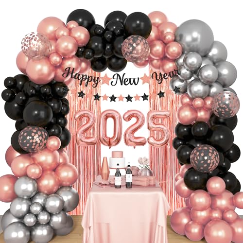 Amandir Neujahrsdekorationen, schwarz-rotgoldenes Ballon-Girlanden-Set, 2025 Zahlen, Happy New Year-Banner, Fransenhintergrund für Silvester-Partyzubehör von Amandir