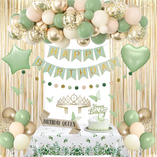 Salbeigrün Geburtstagsdekorationen für Frauen Mädchen, Nude Neutral Salbeigrün Folienballons Tischdecke Schärpe Krone Fransenvorhänge Happy Birthday Banner Kreis Girlande Schmetterling Kuchen Topper von Amandir