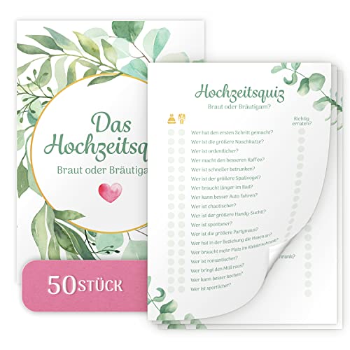 Amari ® Hochzeitsquiz - 50 Karten DIN A 5 mit 18 lustigen Fragen - Ideales Hochzeitsspiel für Gäste und Brautpaar - Geschenk Hochzeit Spiel Bingo von Amari