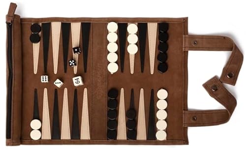 Amari ® Reise Backgammon - Rollbares Backgammon für Reisen und Unterwegs – Back Gammon Hochwertig Koffer Spiel Reisespiel Reisebackgammon Leder von Amari